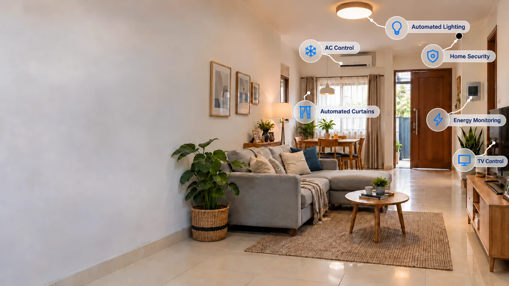An Indonesian living room showing automated lighting, air conditioning, curtains, home security, energy monitoring, and TV control