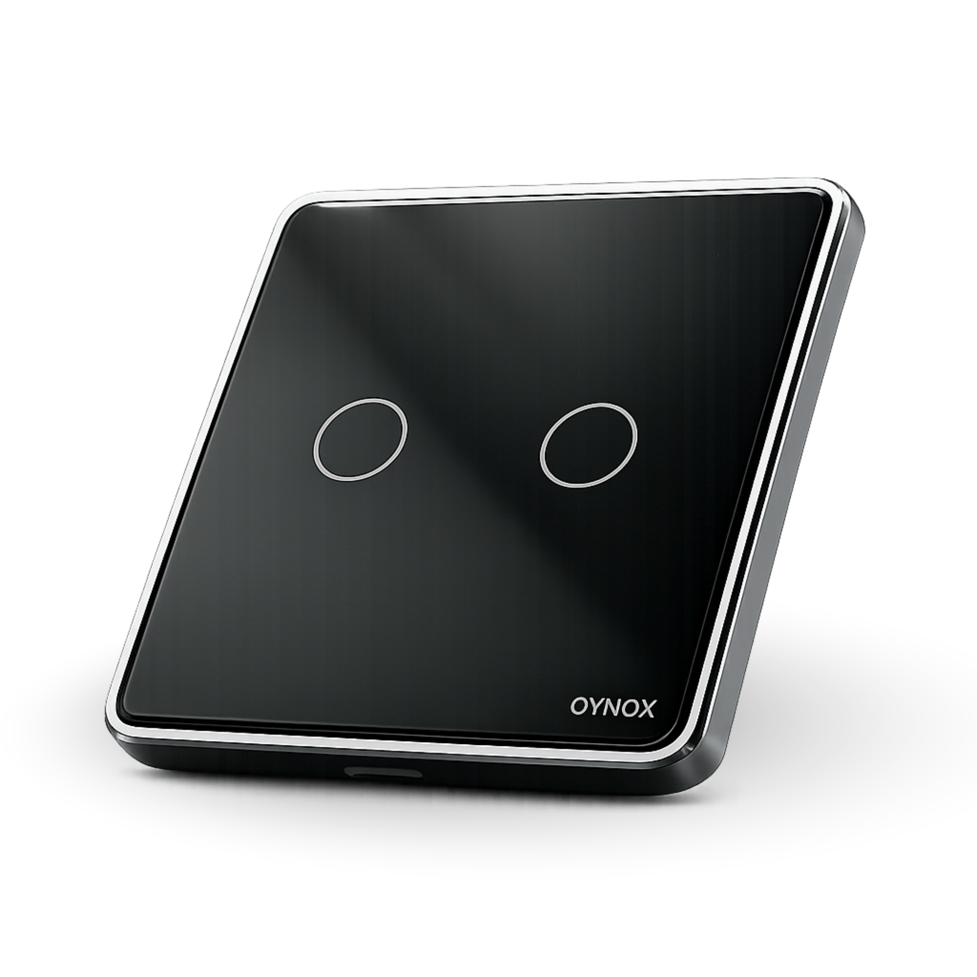 Black Oynox Edge two-gang smart switch, angled side view
