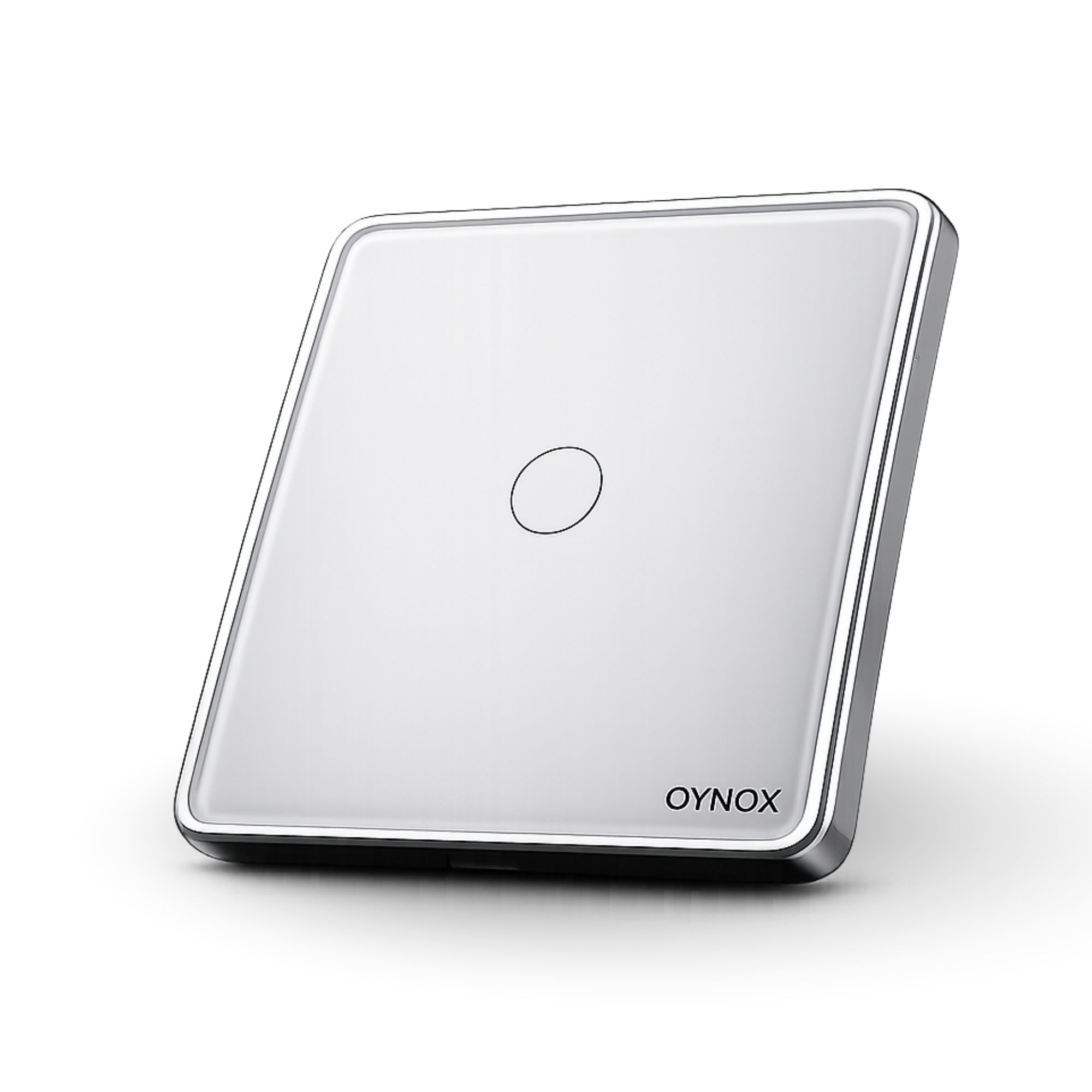 White Oynox Edge one-gang smart switch, angled side view